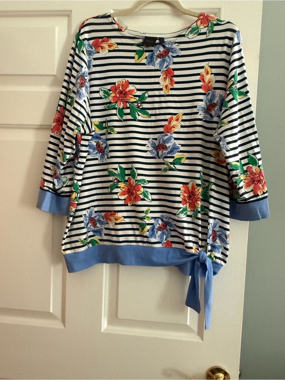 Rafaella Navy Stripe Floral Knit Top with Multi-Colored Blooms 1 X